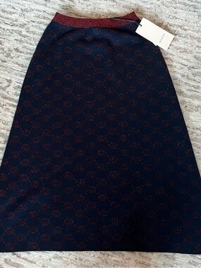 Gucci Interlocking G Navy with Burgundy Logo Jacquard Skirt